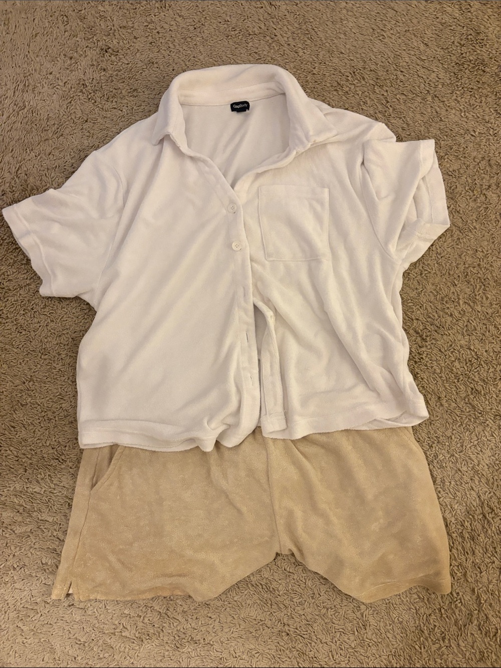 Gapbody Cozy White Button-Front Sleep Top & Tan Shorts Pajama Set